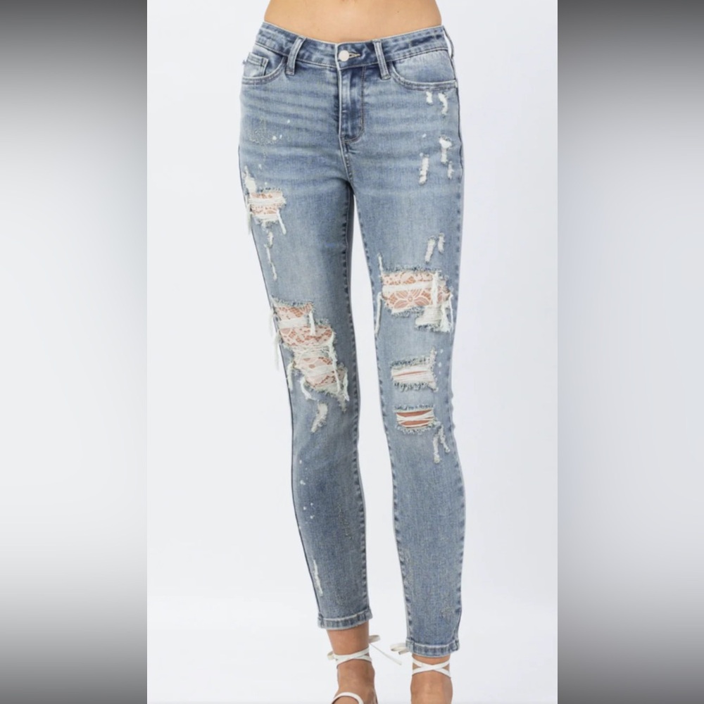 Judy Blue Distressed Skinny Jeans -  Blue with cuts an paint splatter
